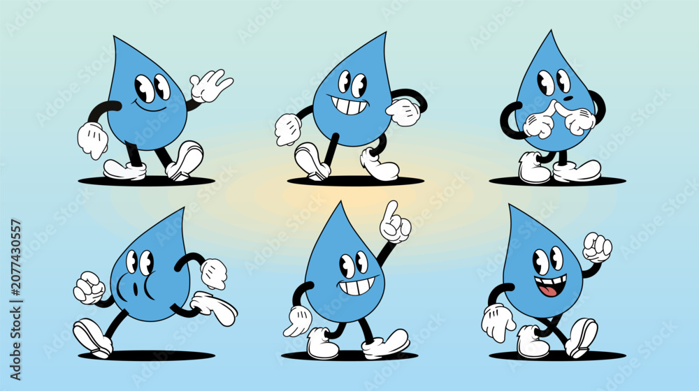 Fototapeta premium Water Drop Mascot Character Set with Cartoon Expressions and Action Poses Vector Illustration