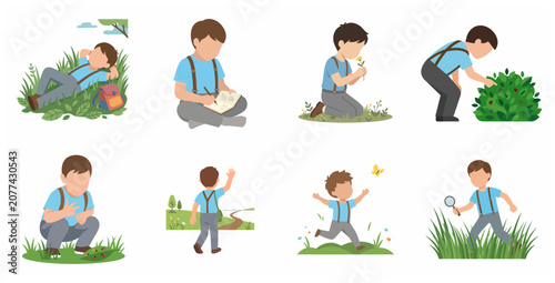 Konstfotografi Little boy exploring nature set of illustrations, child character activities out