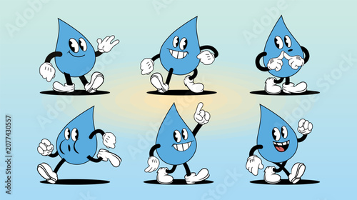 Water Drop Mascot Character Set with Cartoon Expressions and Action Poses Vector Illustration