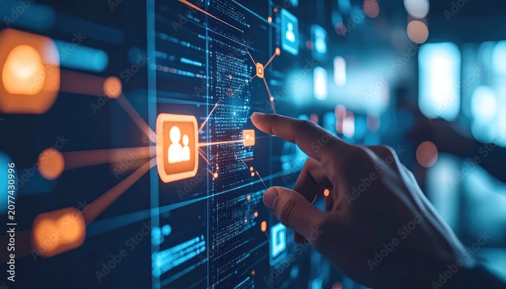Fototapeta premium Human Hand Touching Glowing Digital Interface in Futuristic Technology Network