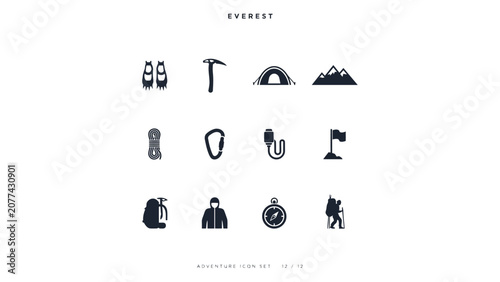 Foto Modern flat adventure icons set showcasing hiking gear tools and outdoor explora