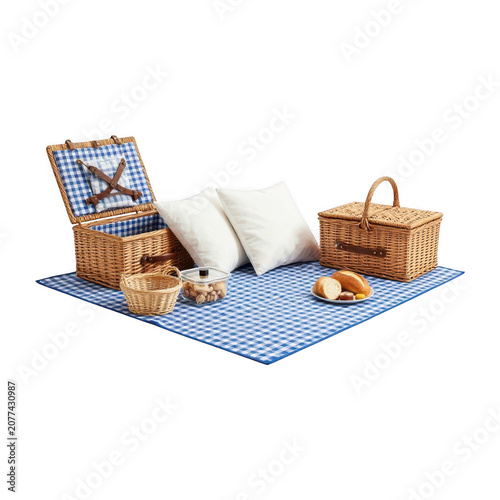 Picnic set with wicker baskets, pillows, and food isolated on transparent background