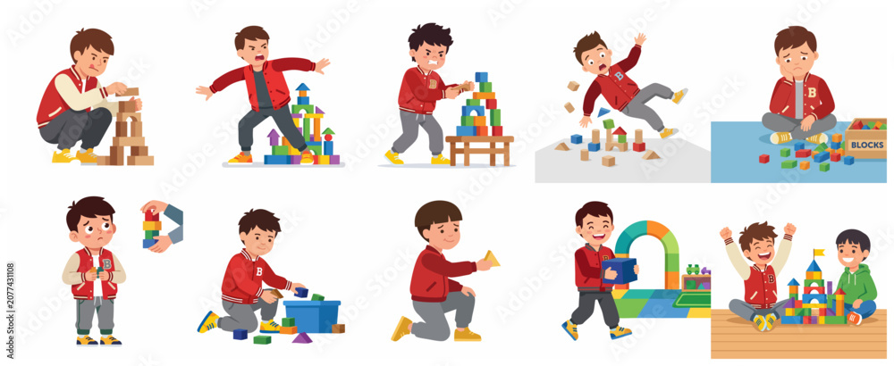 Fototapeta premium Set of little boy playing with building blocks showing various emotions and expressions