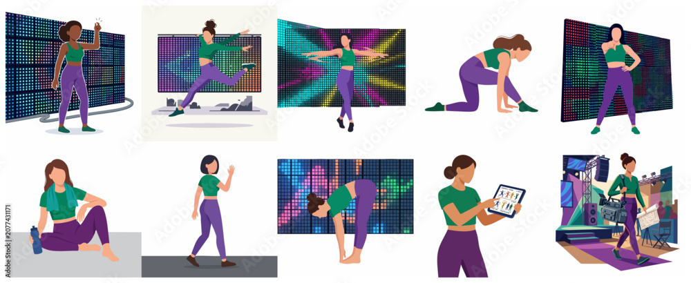 Fototapeta premium Flat vector illustrations of a woman in fitness gear dancing, stretching, and working in stage production with LED screens and digital tablets.
