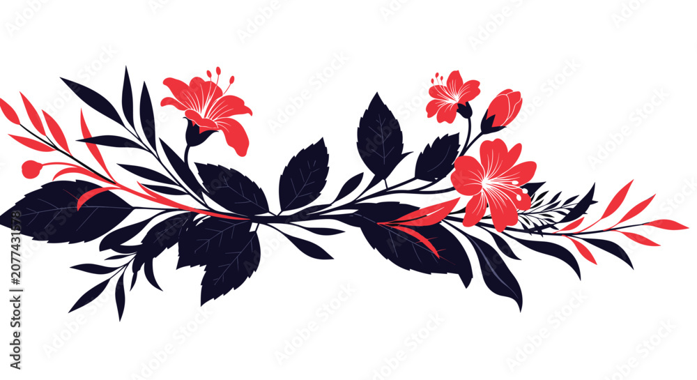 Fototapeta premium Decorative floral branch with vibrant red blossoms and dark navy blue leaves elegantly arranged on a clean white background for design.