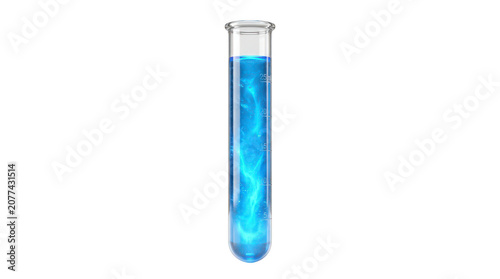 Glass test tube filled with glowing blue liquid isolated on transparent background