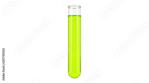 Glass test tube filled with bright neon green liquid isolated on transparent background