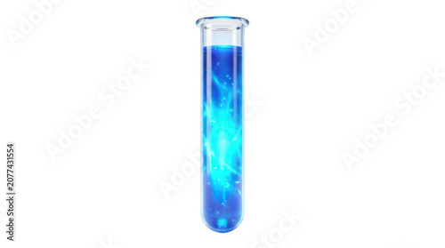 Glass test tube filled with glowing blue liquid science isolated on transparent background