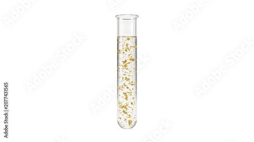 Glass test tube filled with floating gold particles isolated on transparent background