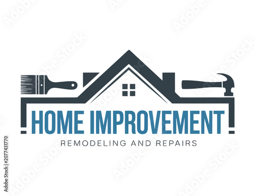 Home improvement remodeling and repairs logo featuring a modern house design with construction elements, symbolizing renovation, maintenance, remodeling services, and professional property improvement