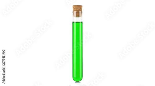 Glass test tube with green liquid and cork stopper isolated on transparent background