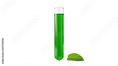 Glass test tube with green liquid and green powder sample isolated on transparent background