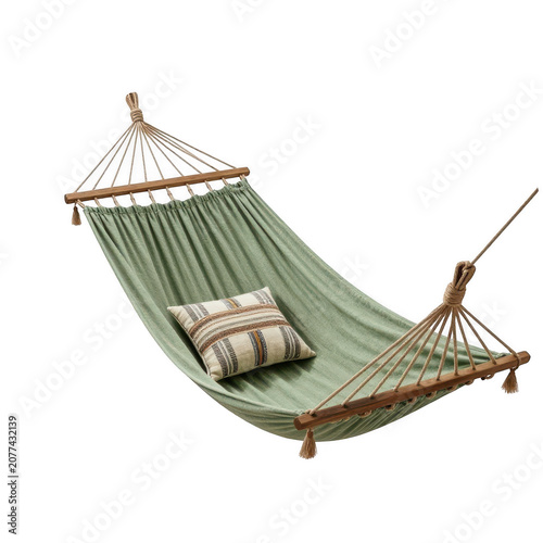 Green fabric hammock with a decorative pillow isolated on transparent background