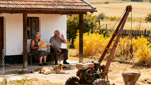 Hyper-realistic photo of Eastern European village courtyard during heatwave with couple resting on porch.