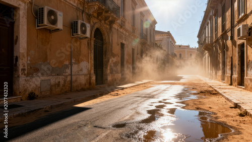 Empty city street baking in scorching summer midday sun with heat haze distortion.