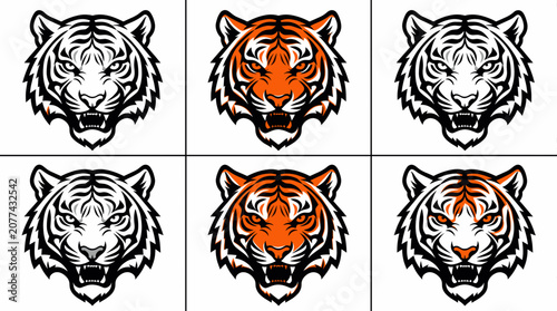 Tiger Head Illustrations in Bold Graphic Style on White Background