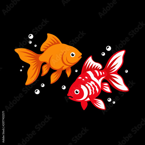 Two Colorful Goldfish Swimming Together in Aquarium with Bubbles