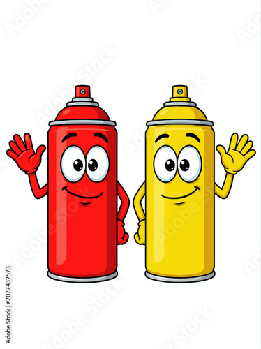 Two Cheerful Cartoon Spray Paint Cans Waving Friendly Greeting