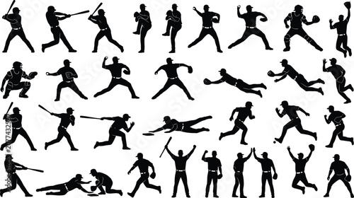 Bild auf Leinwand Baseball Player Action Silhouette Vector Icon Set Featuring Batter Swings Pitche