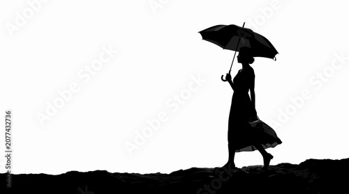 Woman Walking with Umbrella Silhouette Against White Background
