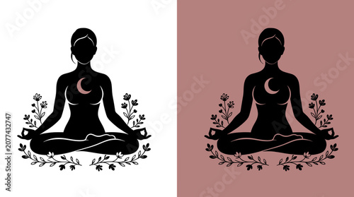 Woman Meditating in Lotus Pose Surrounded by Floral Wreath