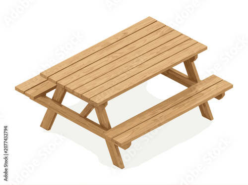 Wooden Picnic Table with Attached Benches on White Background
