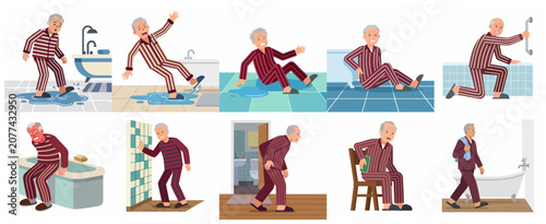Elderly man bathroom accidents and safety hazards set, senior character slipping on wet floor and suffering from back pain