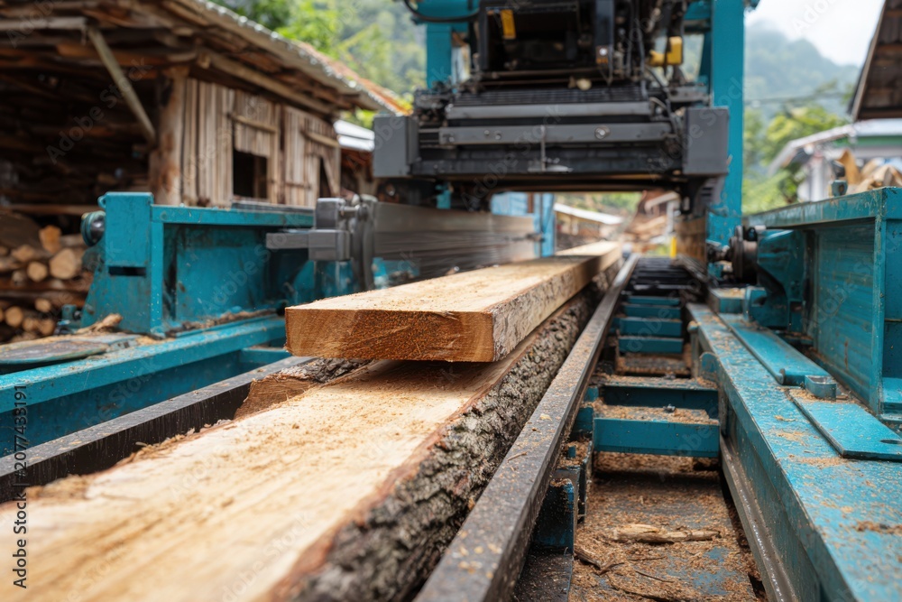 Fototapeta premium Close-up of a modern sawmill processing raw timber into wooden boards, showcasing industrial woodworking, lumber production, and sustainable wood manufacturing.