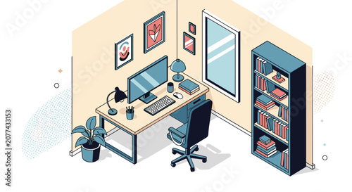 Isometric view of a modern home office workspace featuring a computer desk, ergonomic chair, bookshelf, and decorative pictures on the wall.