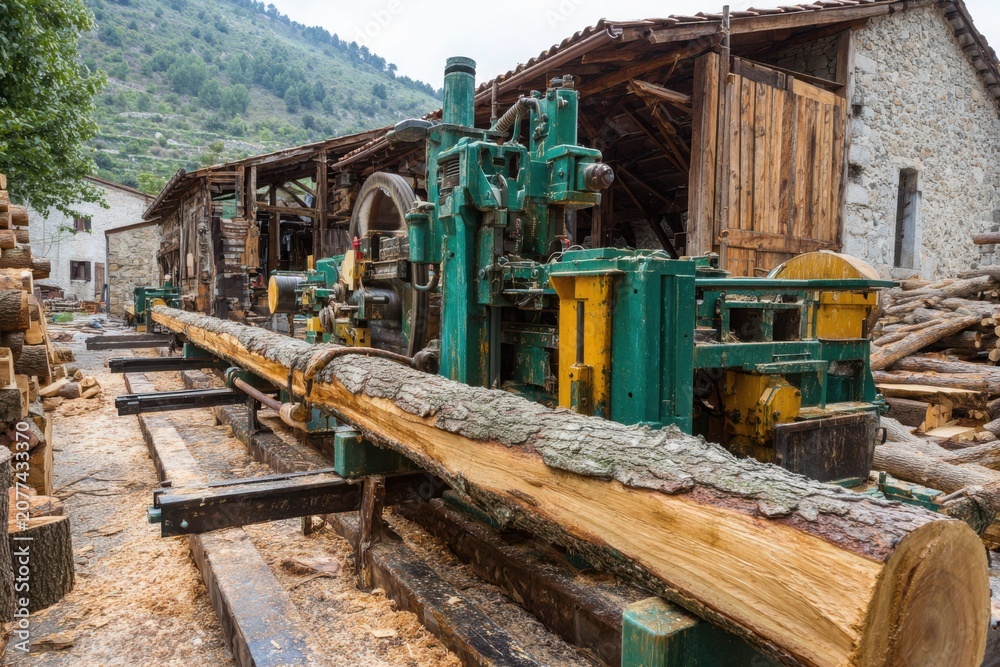 Fototapeta premium Close-up of a modern sawmill processing raw timber into wooden boards, showcasing industrial woodworking, lumber production, and sustainable wood manufacturing.