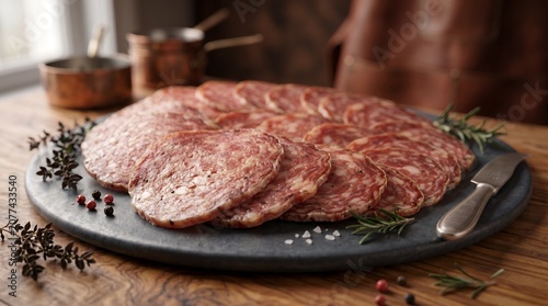 Charcuterie platter with sliced salami and herbs on a round stone board