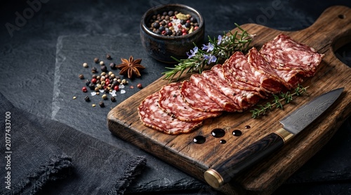 Sliced salami on a wooden cutting board with spices and chef knife
