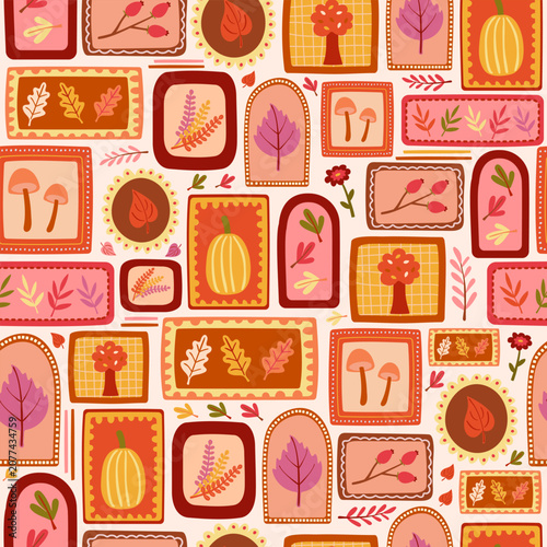Autumn seamless pattern with hand-drawn leaves, mushrooms, and pumpkins. Autumn botanical elements in decorative frames. Seasonal natural fall background.