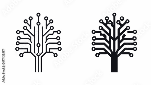Black circuit board tree silhouettes for tech branding.