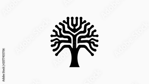 Black digital circuit tree icon on white background.