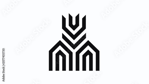 Black geometric architectural emblem with vertical arrow shapes.
