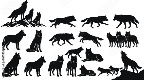 Foto Wild Wolf Silhouettes in Various Poses and Natural Activities Collection