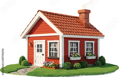Fotografie Charming Red Cottage Vector Illustration with Shingle Roof, Brick Chimney, Flowe