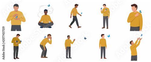 Φωτογραφία Flat vector set of men interacting with blue butterflies, symbolizing mindfulness, inner peace, mental health, and connection with nature