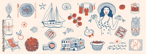 Hand drawn Italian summer holiday set with seafood pasta, sun, woman, sailing boat and beach elements in navy color