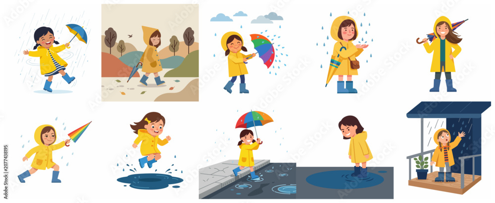 Fototapeta premium Collection of cute little girl character illustrations in yellow raincoat playing in the rain with umbrella and puddles during autumn season.