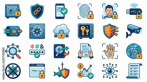 Digital security icons and symbols.