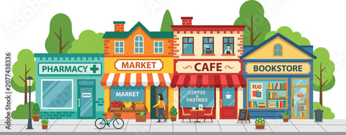 Small Business Shop Fronts Set on City Street Building Facades of Pharmacy Market Cafe and Bookstore Vector Illustration for Urban Neighborhood Lifestyle Concepts