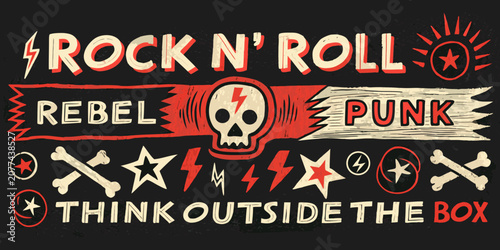 Rock and roll themed graphic design with skull and lightning bolts vector illustration