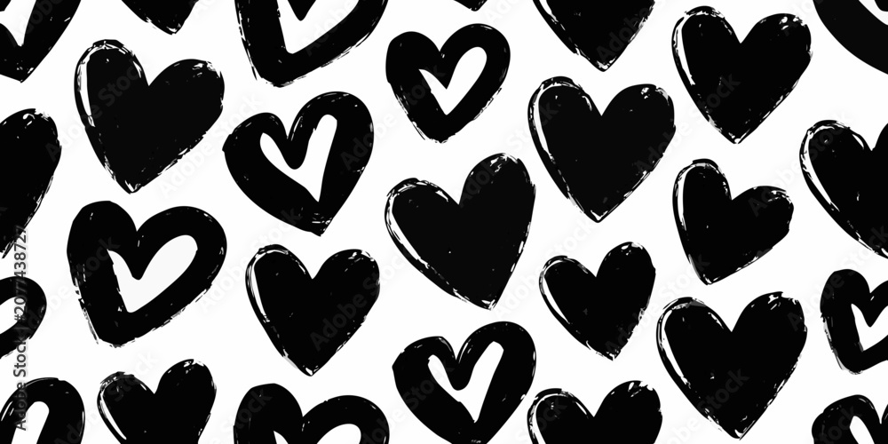 Fototapeta premium Hand drawn black hearts seamless pattern on white background