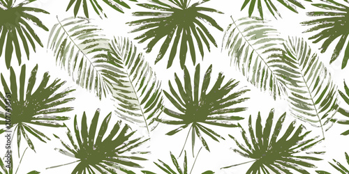 Canvastavla Tropical palm leaf pattern in shades of olive green on white