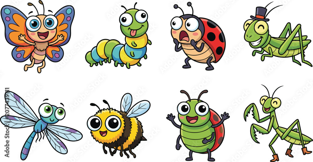 Fototapeta premium Cute Kawaii Insect Character Collection with Colorful Cartoon Mascot Illustrations