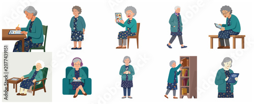 Set of flat vector illustrations featuring an elderly woman using digital technology and performing daily life activities