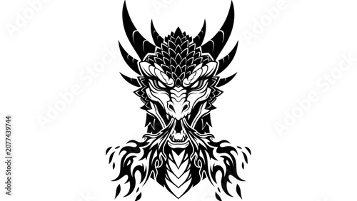 Foto Aggressive Dragon Head Illustration Black and White Vector