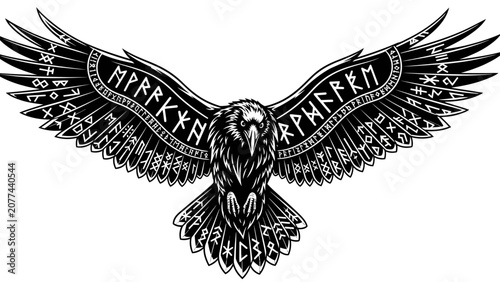Schilderij op canvas Viking Raven Illustration with Runes Ornament
